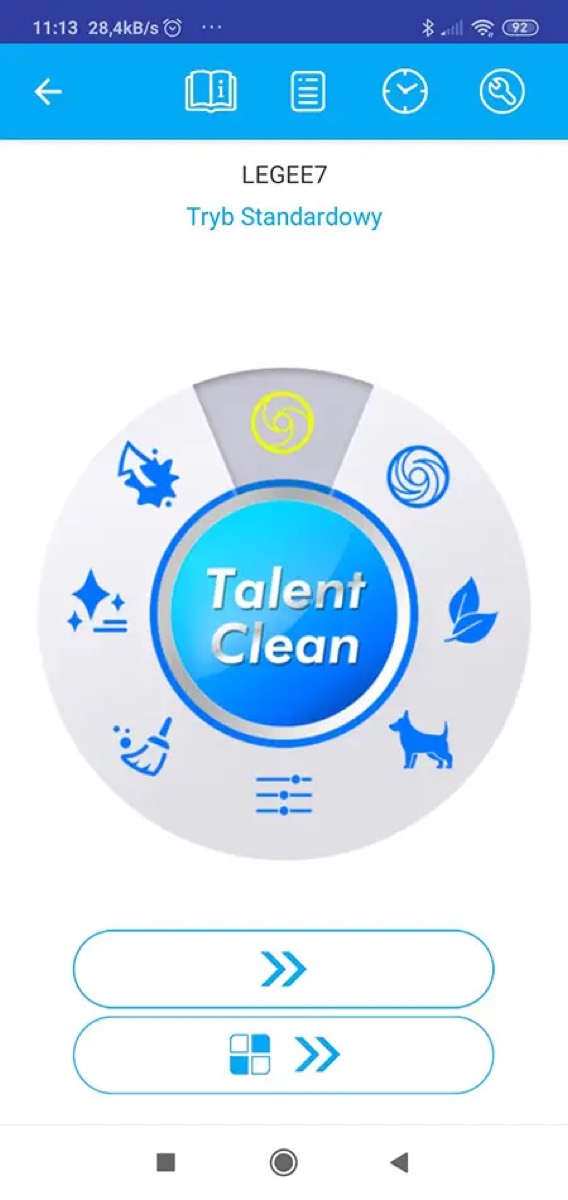 Ekran aplikacji Hobot z kołem wyboru trybów Talent Clean i dwoma przyciskami startu sprzątania