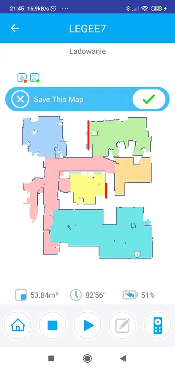 Ekran aplikacji z mapą mieszkania po mapowaniu: 53,84 m², 82 minuty 56 sekund, 51% baterii