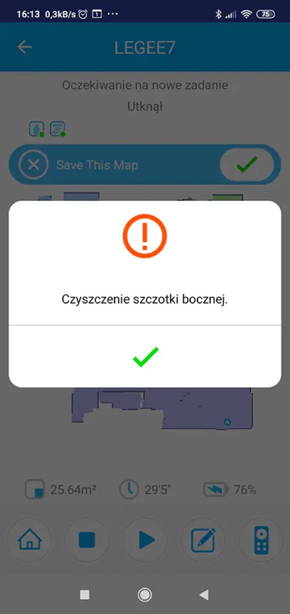Komunikat w aplikacji Hobot: Czyszczenie szczotki bocznej, cykl przerwany po 25,64 m² i 29 minutach