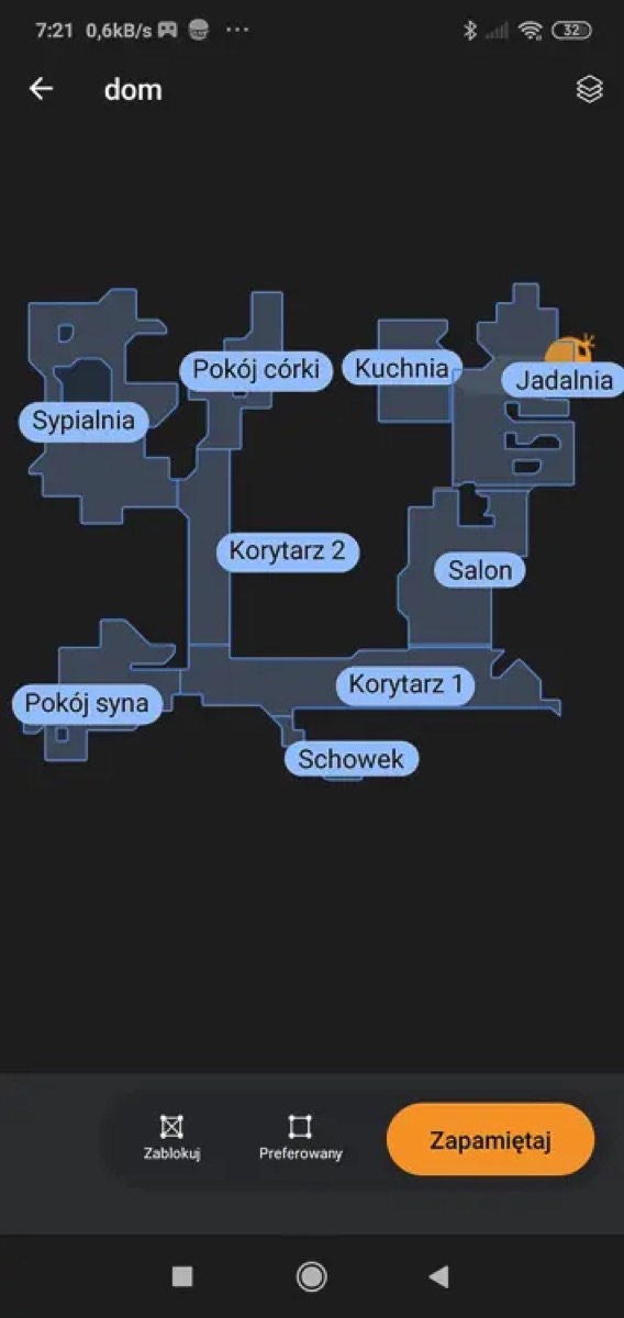 Mapa mieszkania w aplikacji Miele Scout podzielona na strefy: sypialnia, pokoje dzieci, kuchnia, jadalnia, salon, korytarze, schowek