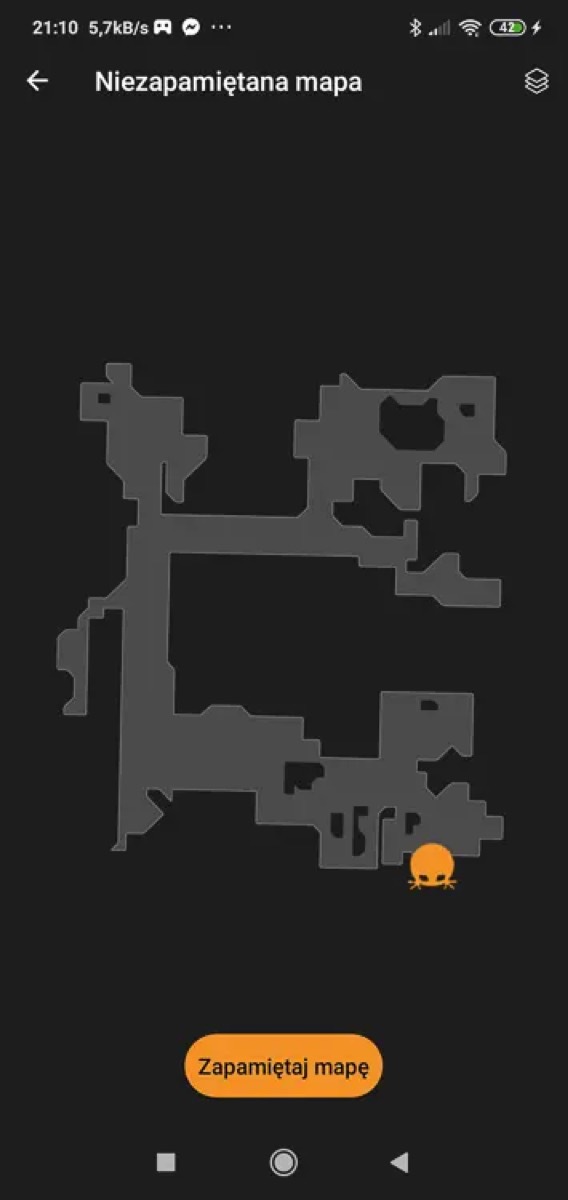 Niezapamiętana mapa w aplikacji Miele Scout bez łazienki, z pomarańczową ikoną robota