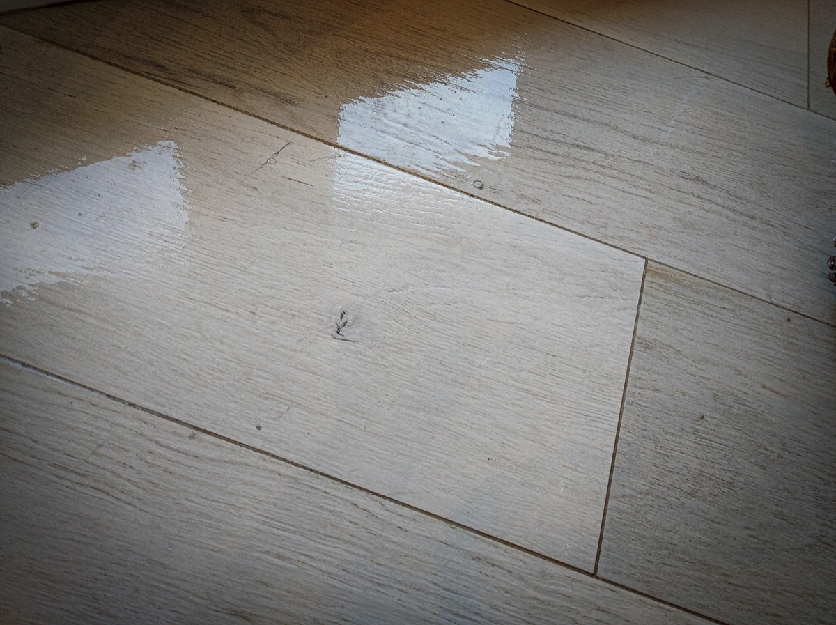 Ten sam fragment podłogi po jednym przejściu mopem, panele mokre i czyste